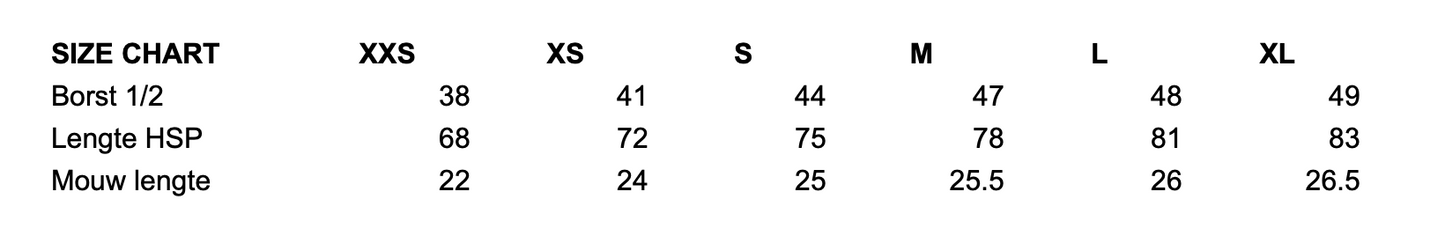 Limited Edition origineel design kwaliteit t-shirts, size chart